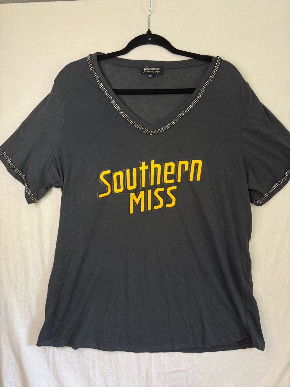 Southern Miss Women's Gray V-Neck Tee Embellished Trim with Yellow Logo XXL